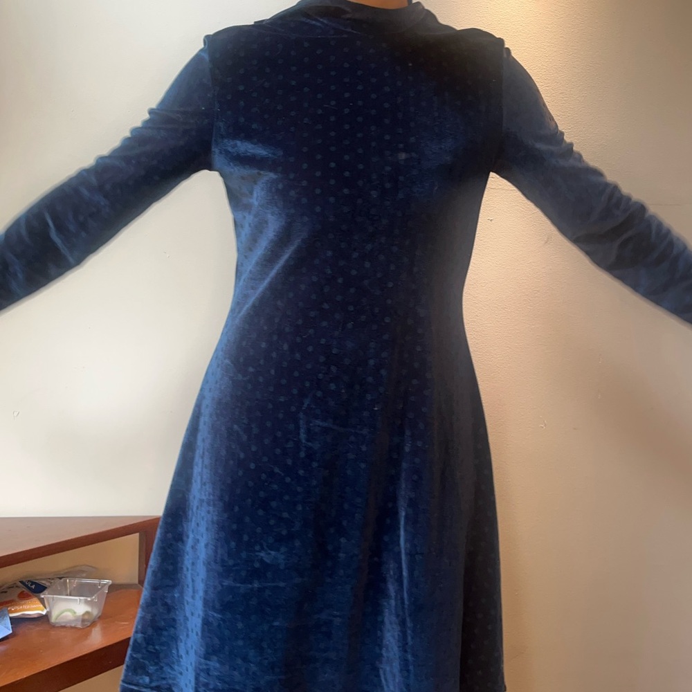 navy polka dot velvet mini dress from barcelona boutique